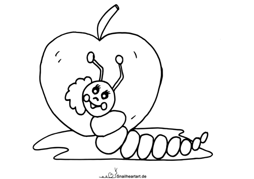 Apfel mit Raupe Malvorlage zum Ausmalen