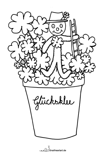 Glücksklee mit Schornsteinfeger - Malvorlage zum Ausmalen