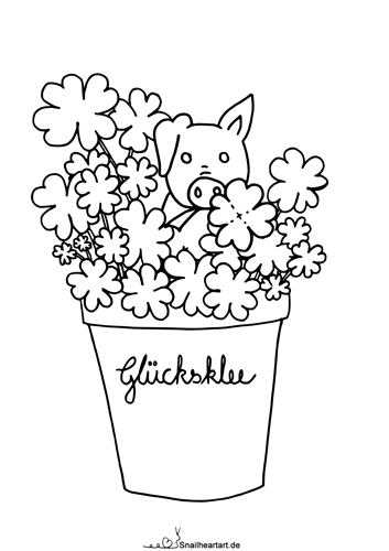 Glücksklee mit Schweinchen - Malvorlage zum Ausmalen