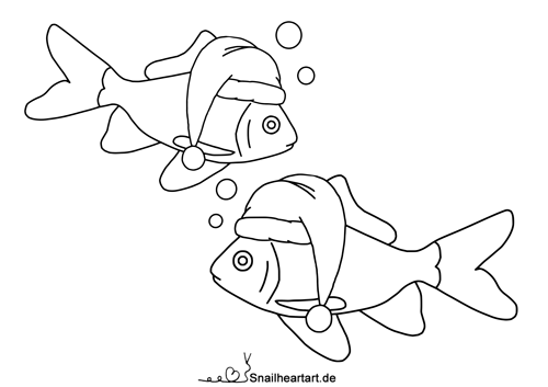 Goldfische mit Weihnachtsmütze Malvorlage zum Ausmalen