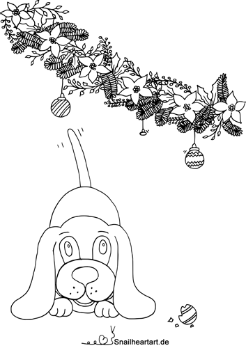 Hund mit Christbaumkugeln Malvorlage zum Ausmalen