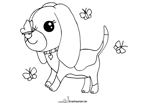 Kawaii Beagle mit Schmetterlingen – Malvorlage zum Ausmalen