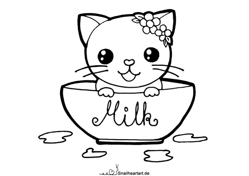 Kawaii Katze in Milchschüssel – Malvorlage zum Ausmalen