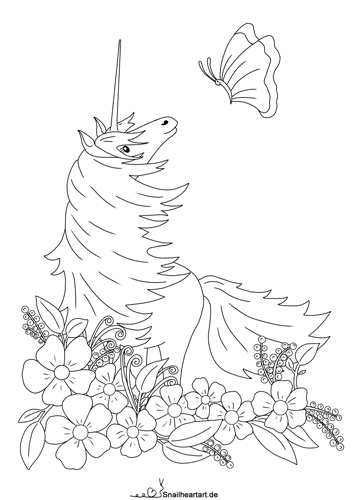 Einhorn mit Blumen Malvorlage zum Ausmalen