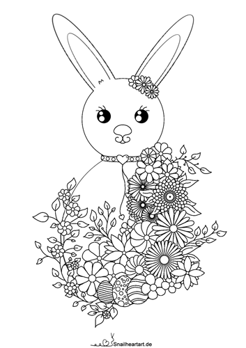 Kostenlose Malvorlage Osterhase mit Blumen zum Ausmalen