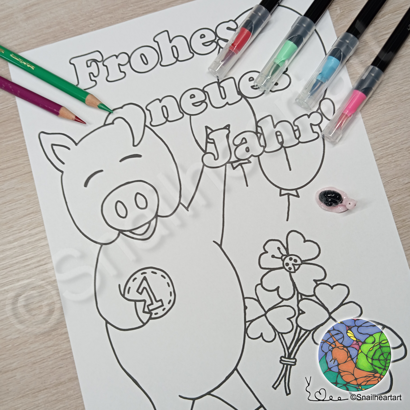 Frohes neues Jahr Glücksschwein – Malvorlage zum Ausmalen