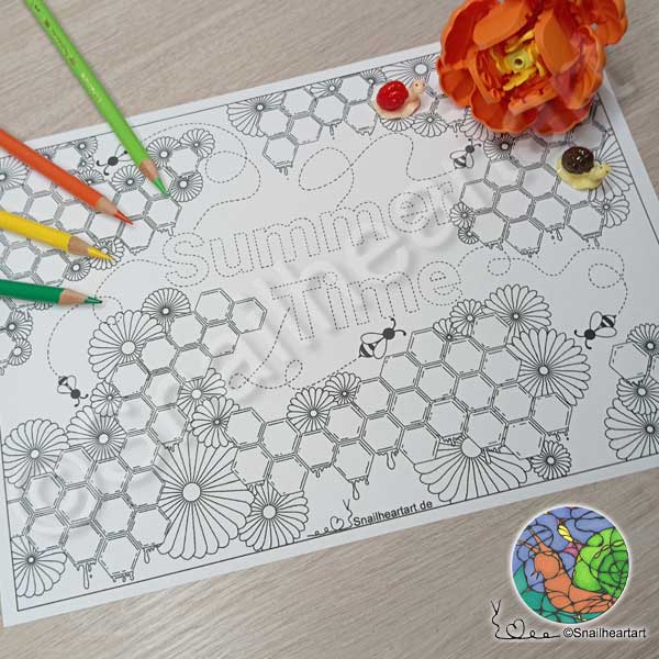 Honigwaben mit Bienchen und Blümchen – Malvorlage zum Ausmalen