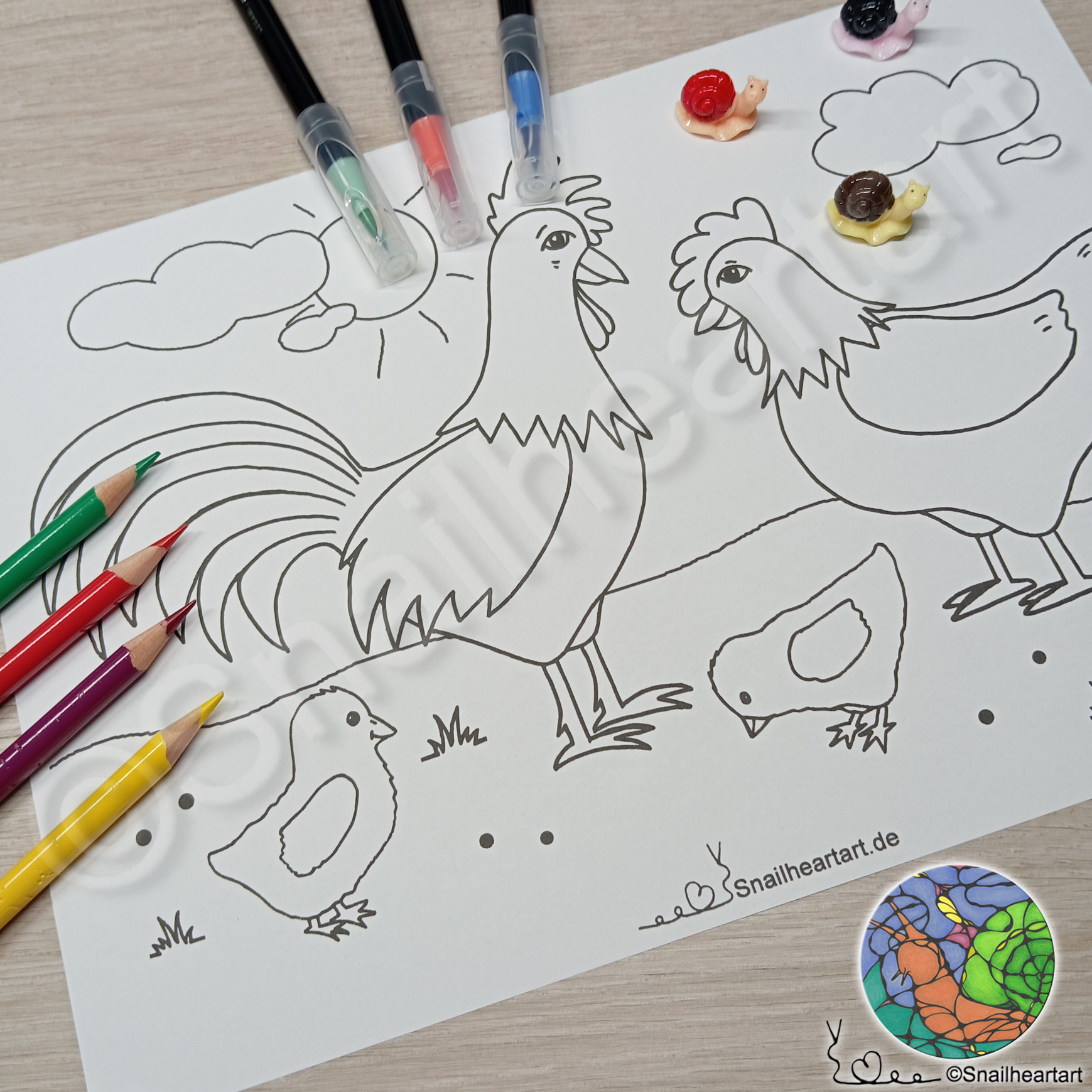 Hühnerfamilie – Malvorlage zum Ausmalen