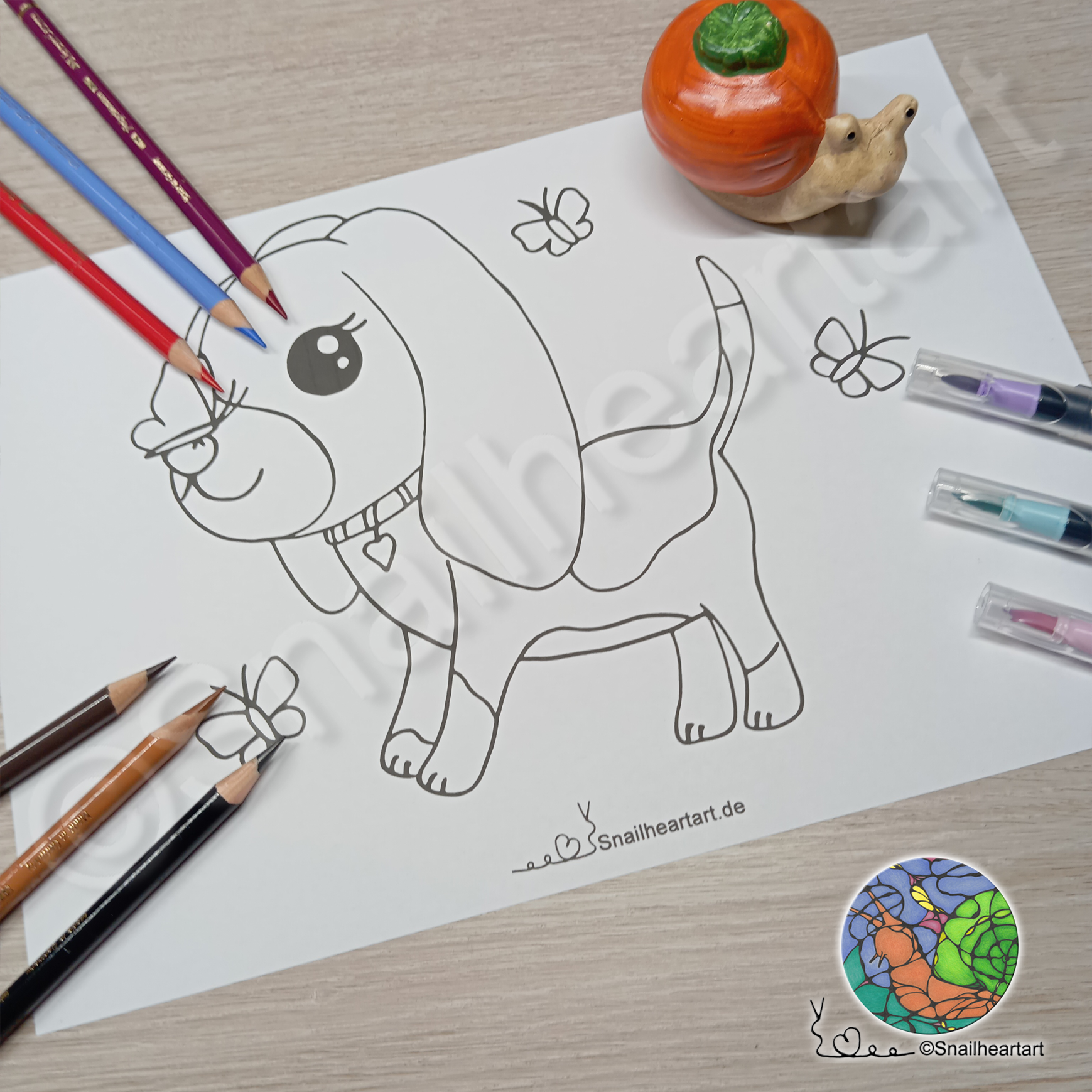 Kawaii Beagle mit Schmetterlingen – Malvorlage zum Ausmalen
