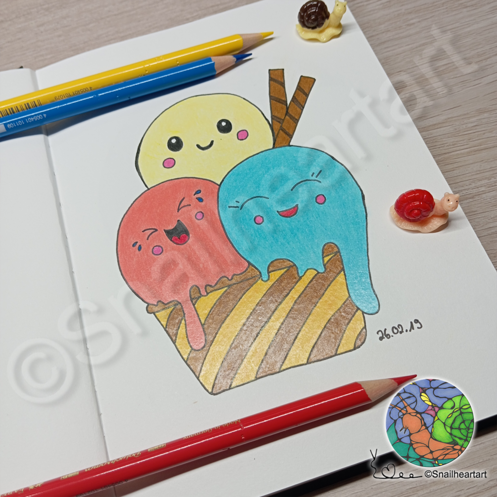 Kawaii Eis ausgemalt mit Buntstiften