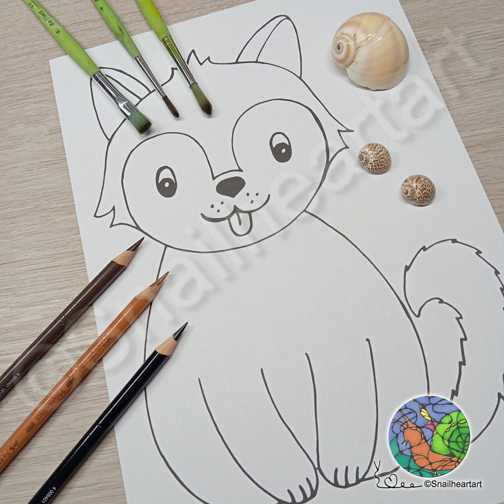 Kawaii Husky – Vorlage zum Ausmalen für Kinder & Hundefans