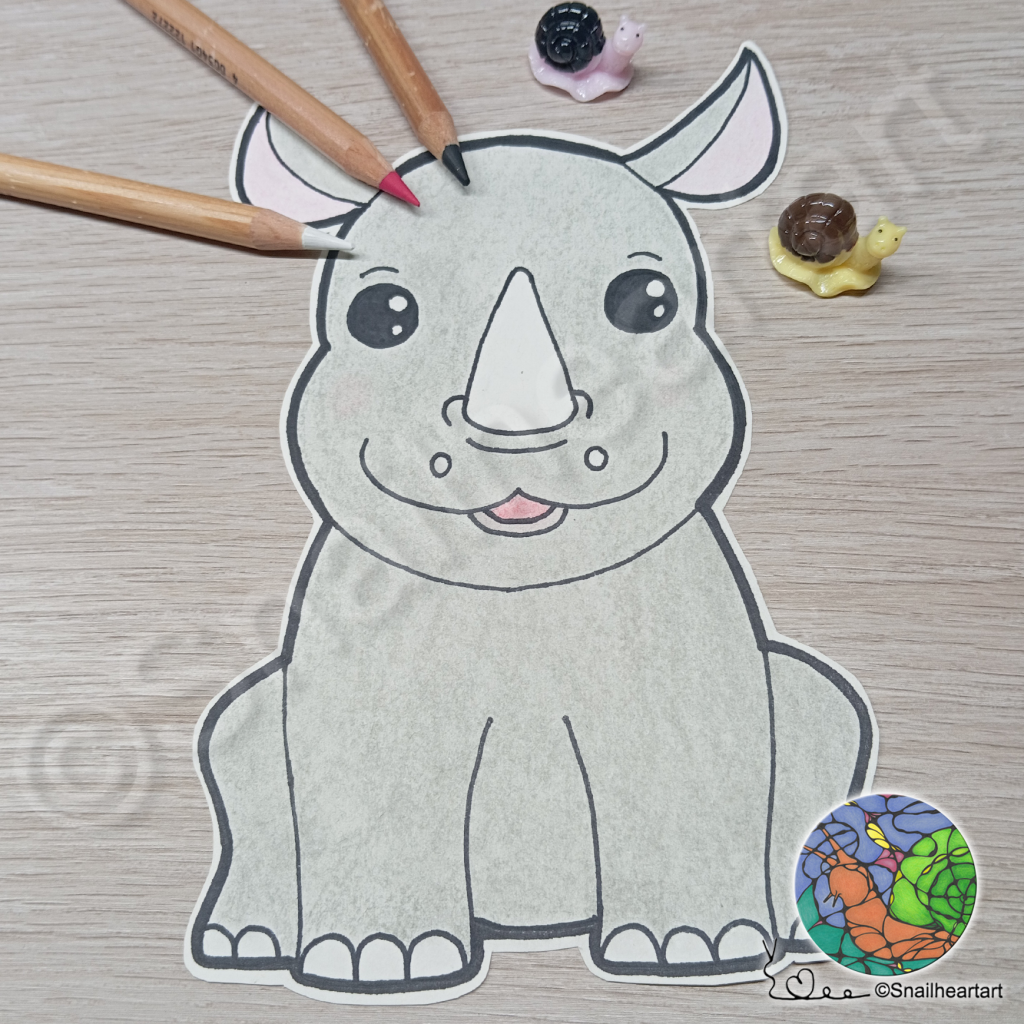 Kawaii Nashorn ausgemalt mit Pastell