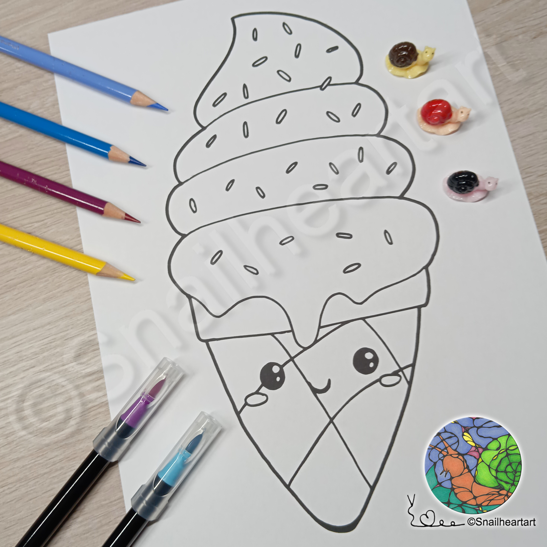 Kawaii Softeis in Eistüte – Malvorlage zum Ausmalen