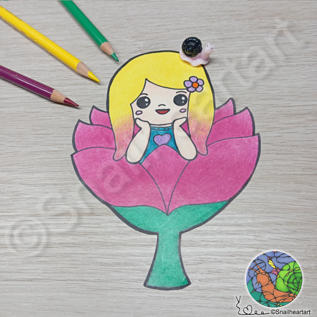 Mädchen in Blume ausgemalt mit Buntstiften