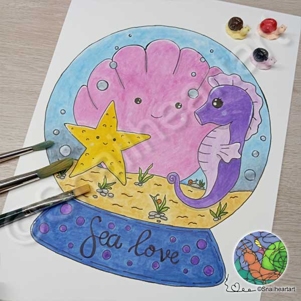 Malvorlage Sealove ausgemalt mit Tusche