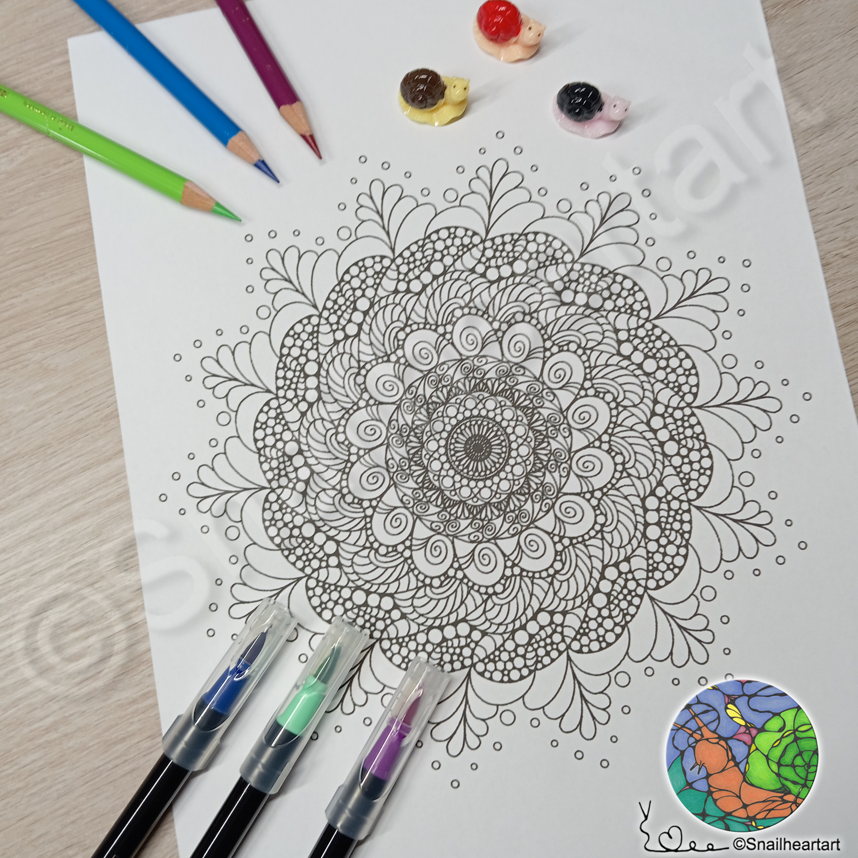 Mandala Schnecken & Wellen -Malvorlage zum Ausmalen