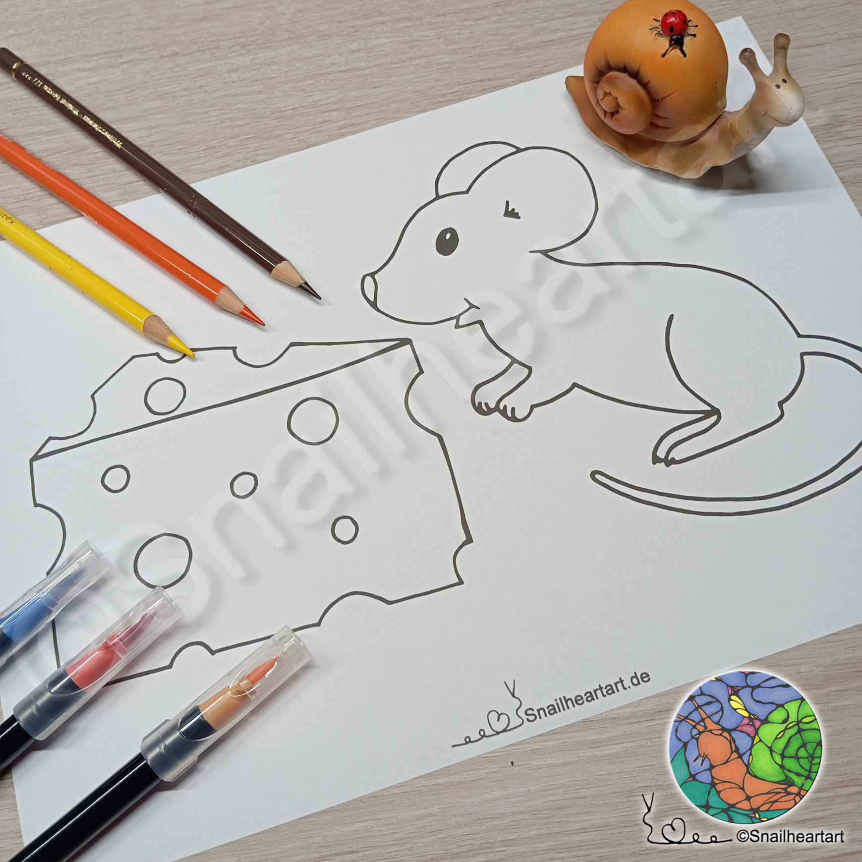 Maus mit Käse – Malvorlage zum Ausmalen