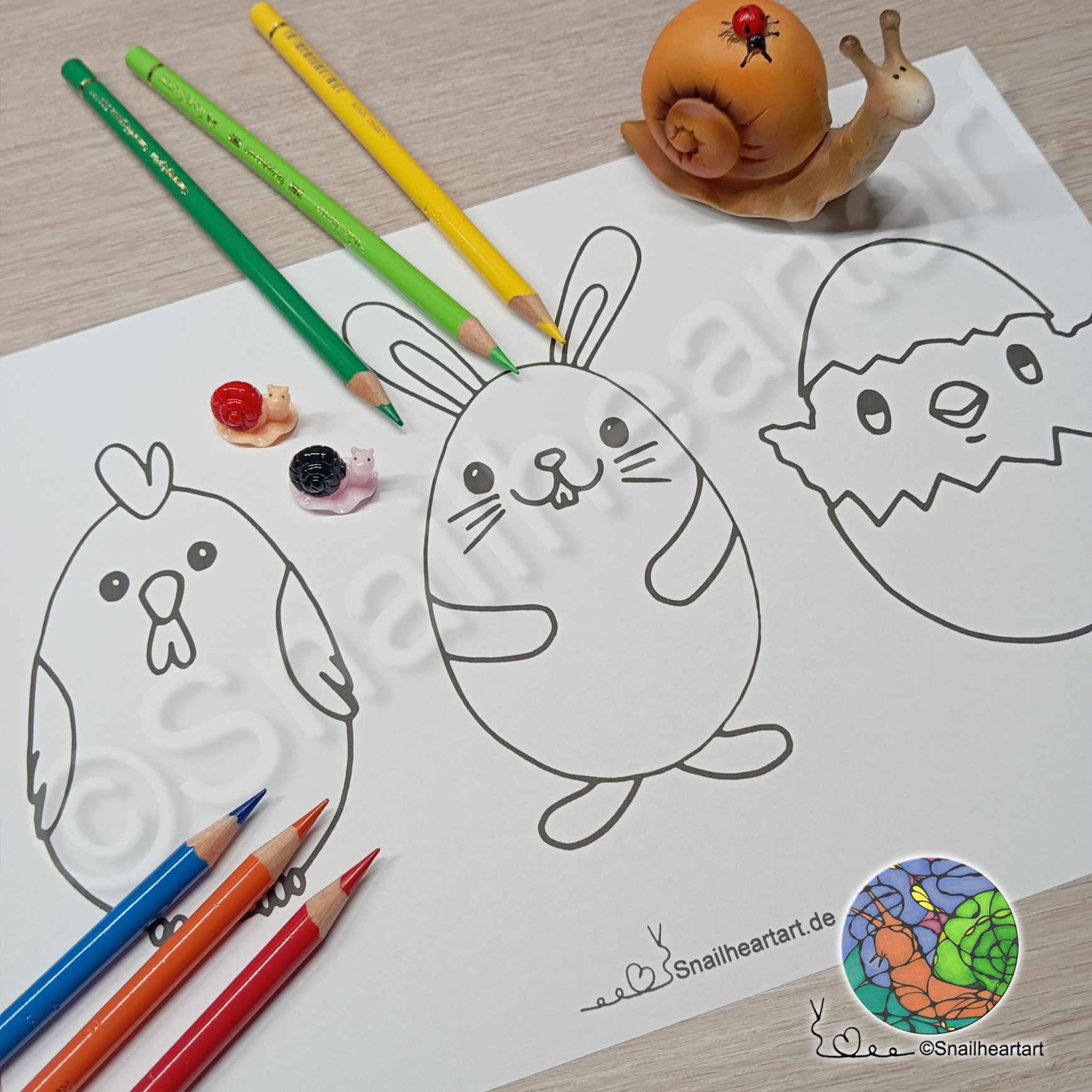 Hahn, Hase und Küken Ostereier – fröhliche Vorlage zu Ostern