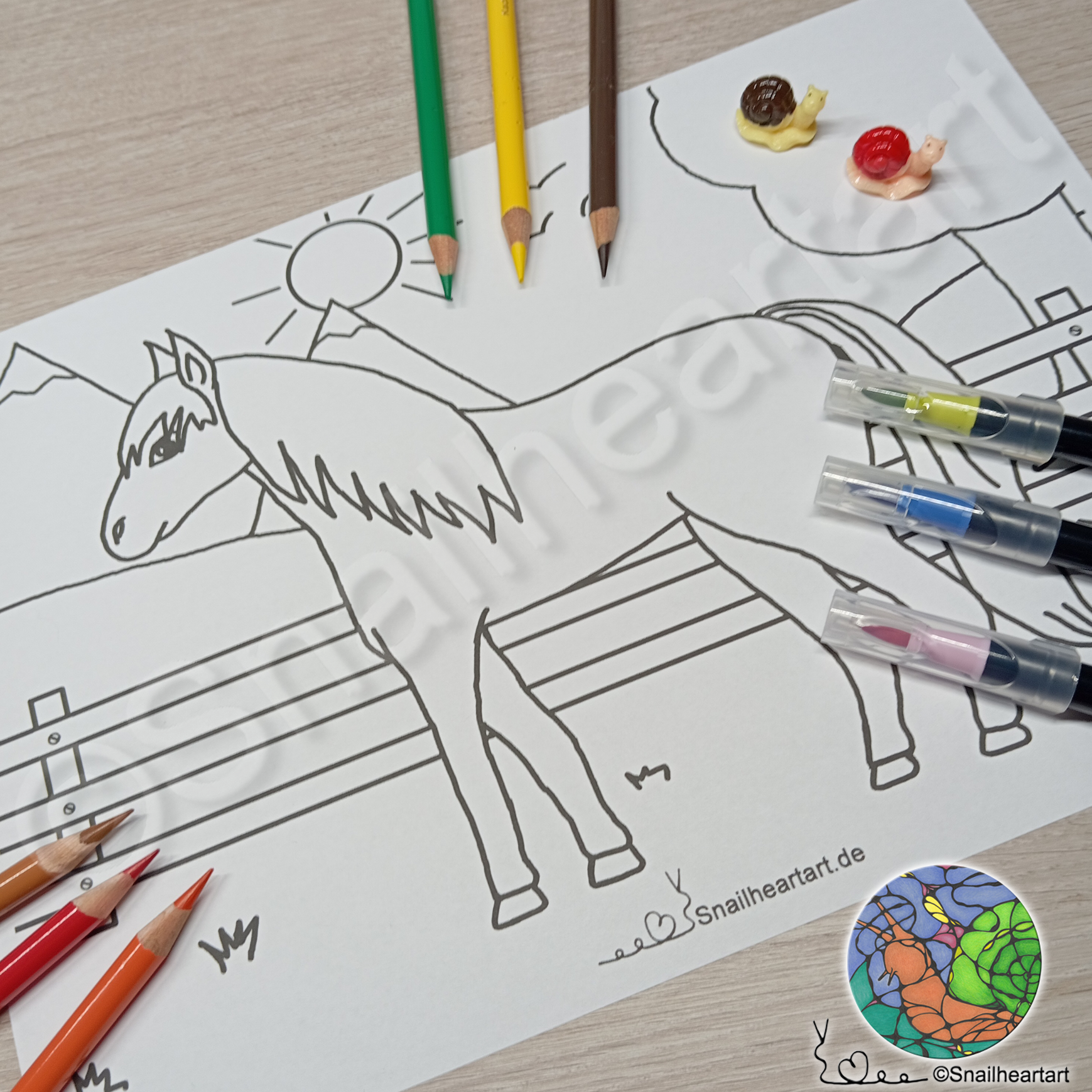 Pony auf der Weide – Malvorlage zum Ausmalen