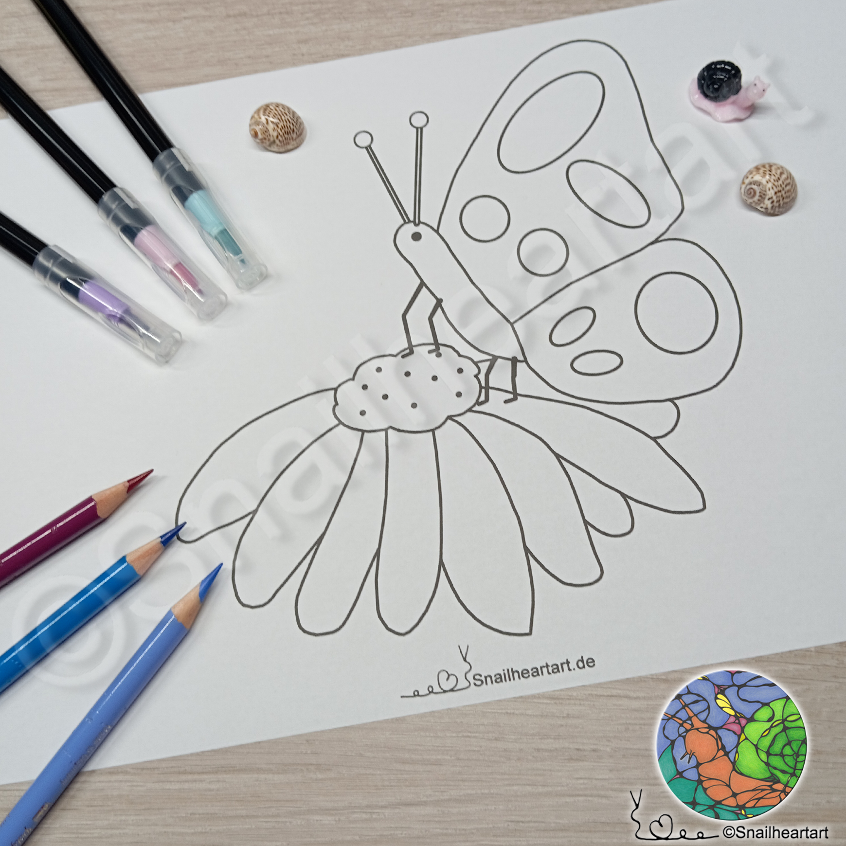 Schmetterling auf Blume – Malvorlage zum Ausmalen