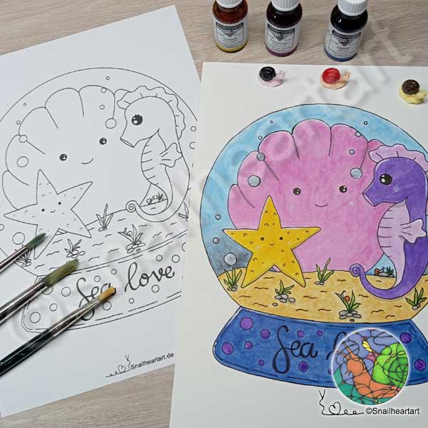 Schneekugel Sealove – Malvorlage zum Ausmalen