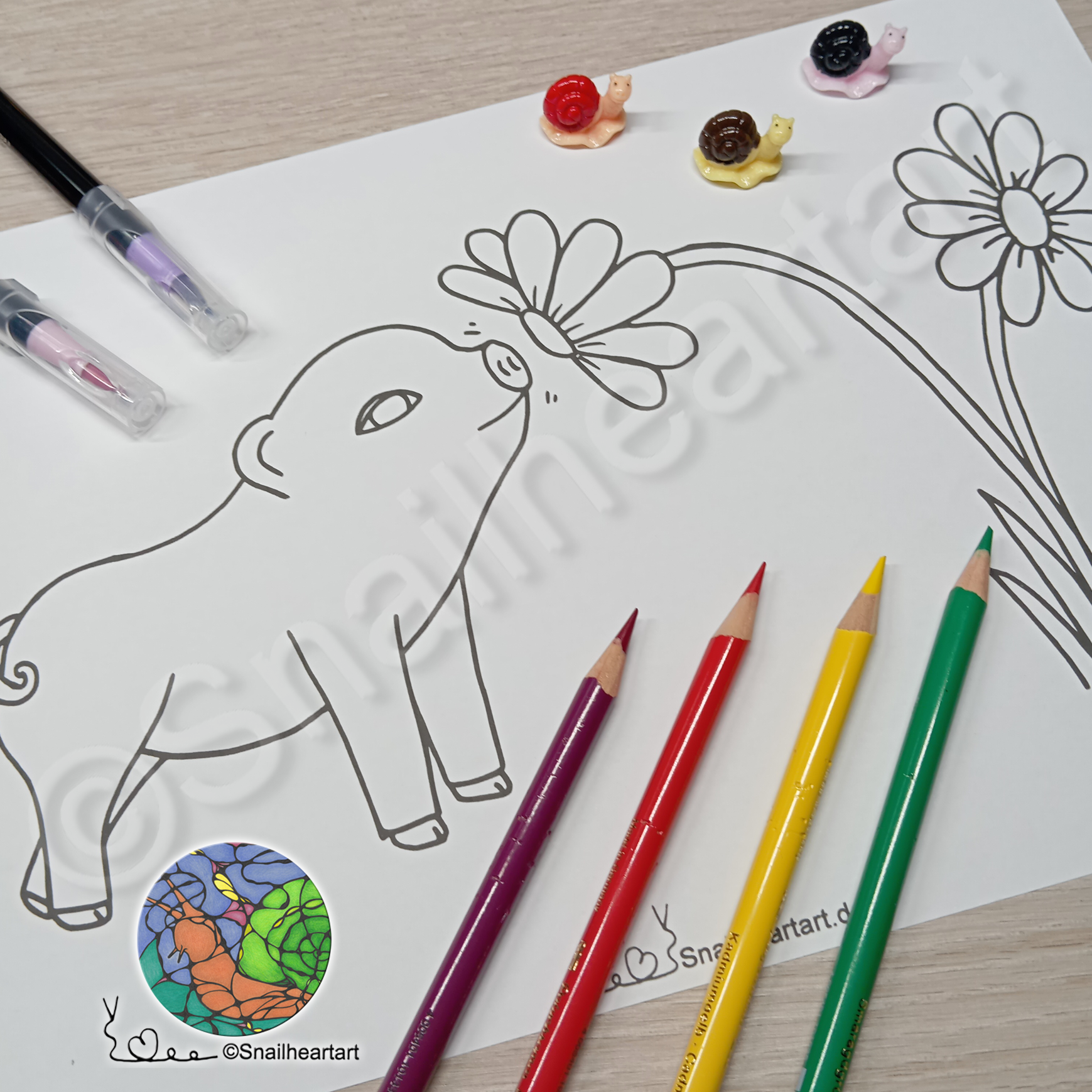 Schweinchen riecht an Blumen -Malvorlage zum Ausmalen