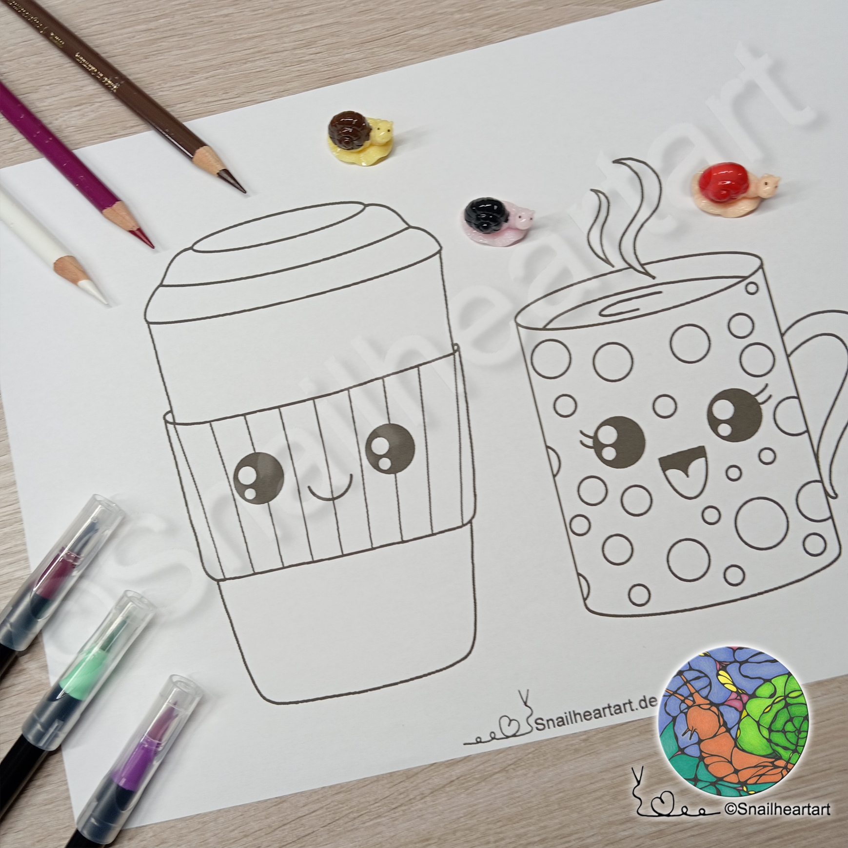 Süße Kaffeetassen – Malvorlage zum Ausmalen