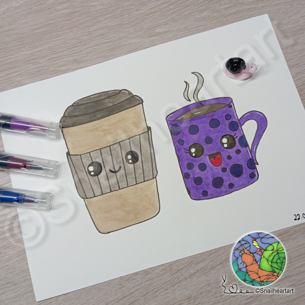 Süße Kaffeetassen ausgemalt mit Tusche