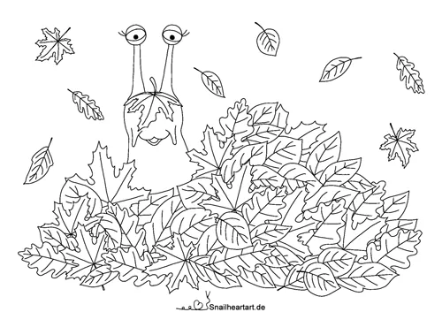Süße Schnecke im Laubhaufen – Malvorlage für den Herbst